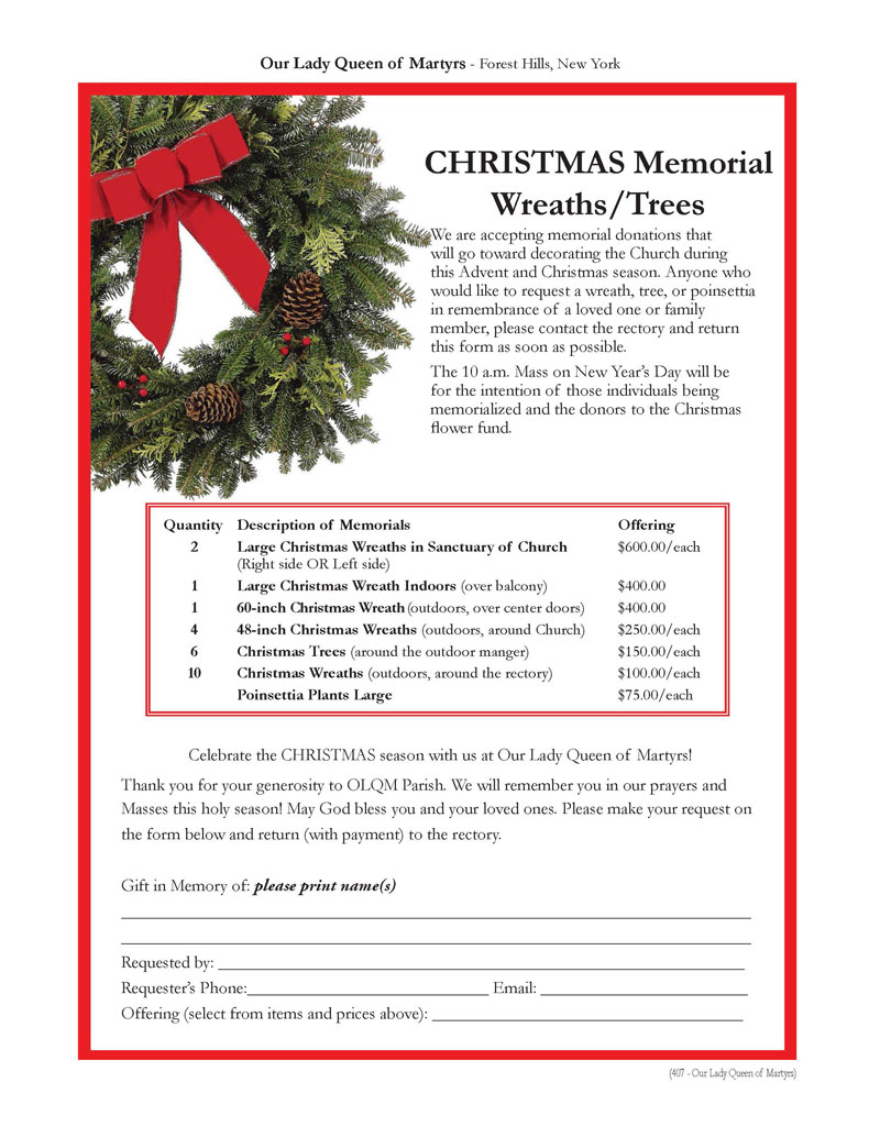 Order Form for Christmas Memorial Wreaths and Trees