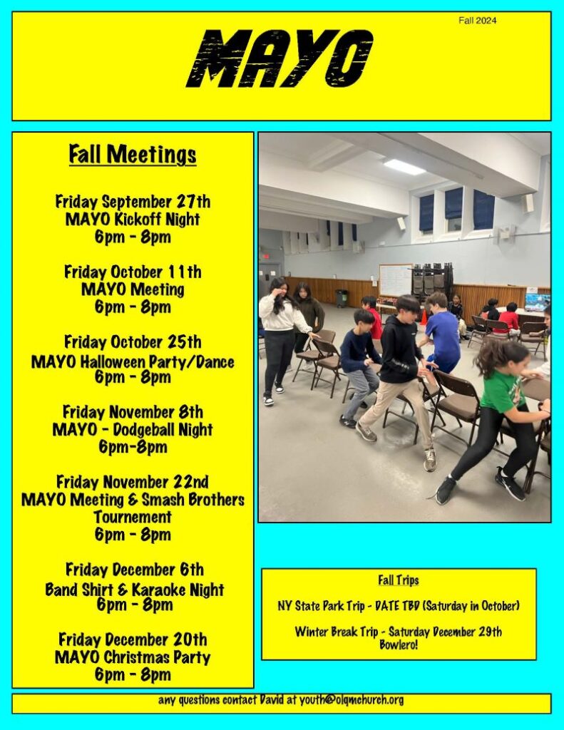 Neon yellow and turquoise flyer, with photo of kids playing musical chairs in a school gymnasium, announcing fall 2024 meeting dates for MAYO (Martyrs Mercy Active Youth Organization): September 27, October 11, October 25, November 8, November 22, December 6, December 20